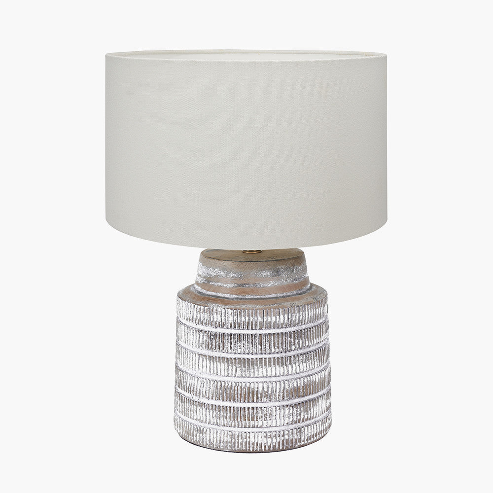Paihia White Wash Wood Textured Short Table Lamp Base with Henry 30cm White Handloom Cylinder Lampshade