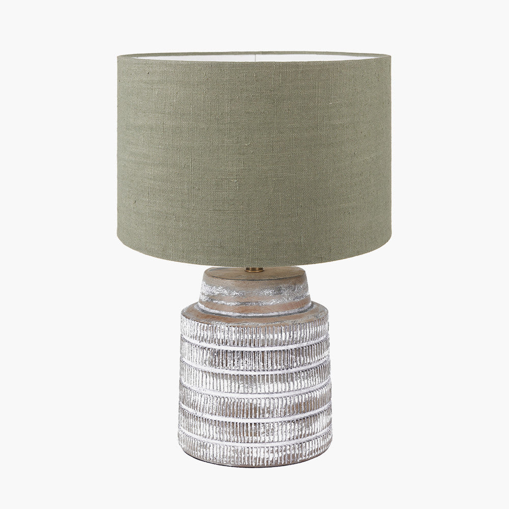 Paihia White Wash Wood Textured Short Table Lamp Base with Edward 30cm Pistachio Green Linen Cylinder Lampshade