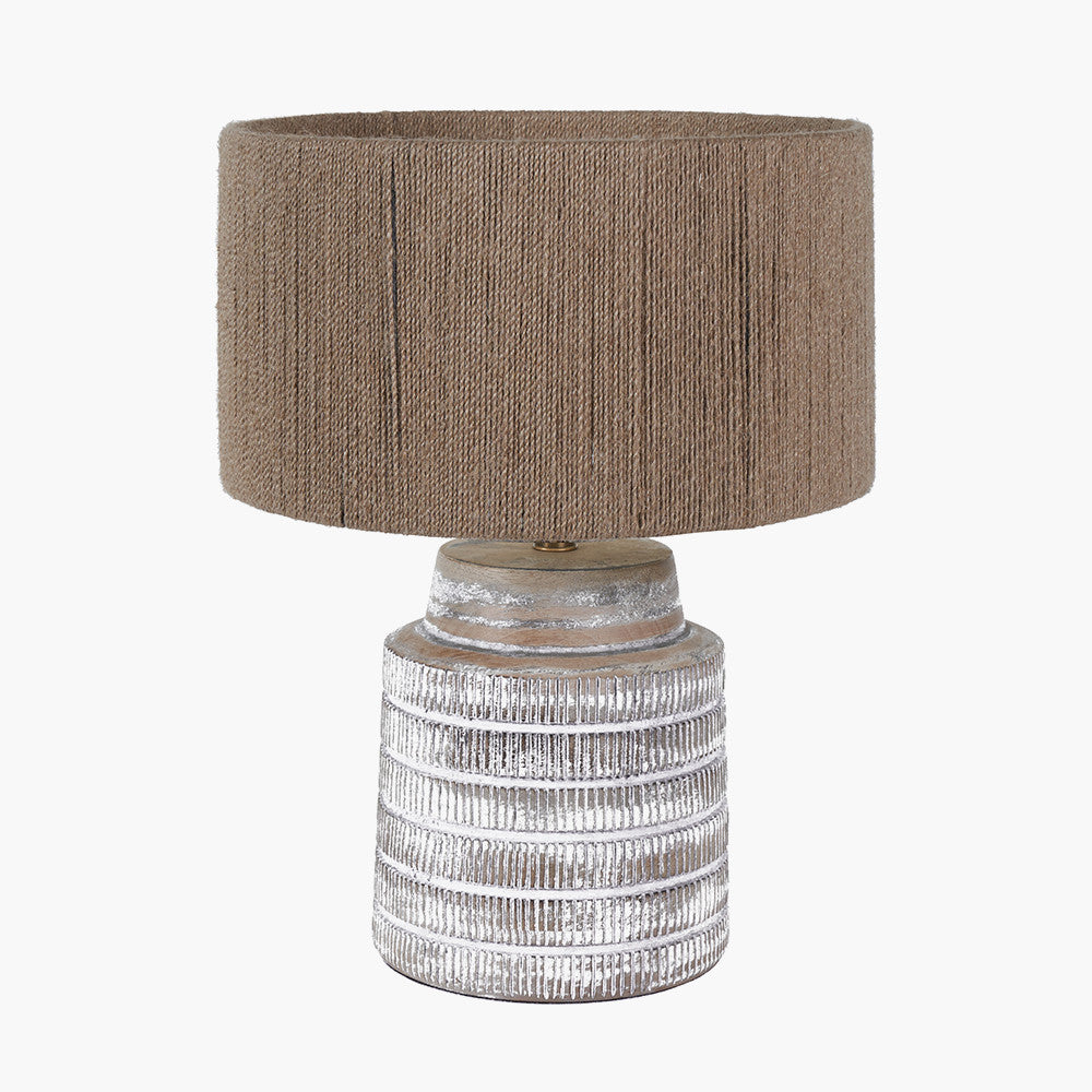 Paihia White Wash Wood Textured Short Table Lamp Base with Issa Natural Rope 30cm Cylinder Lampshade