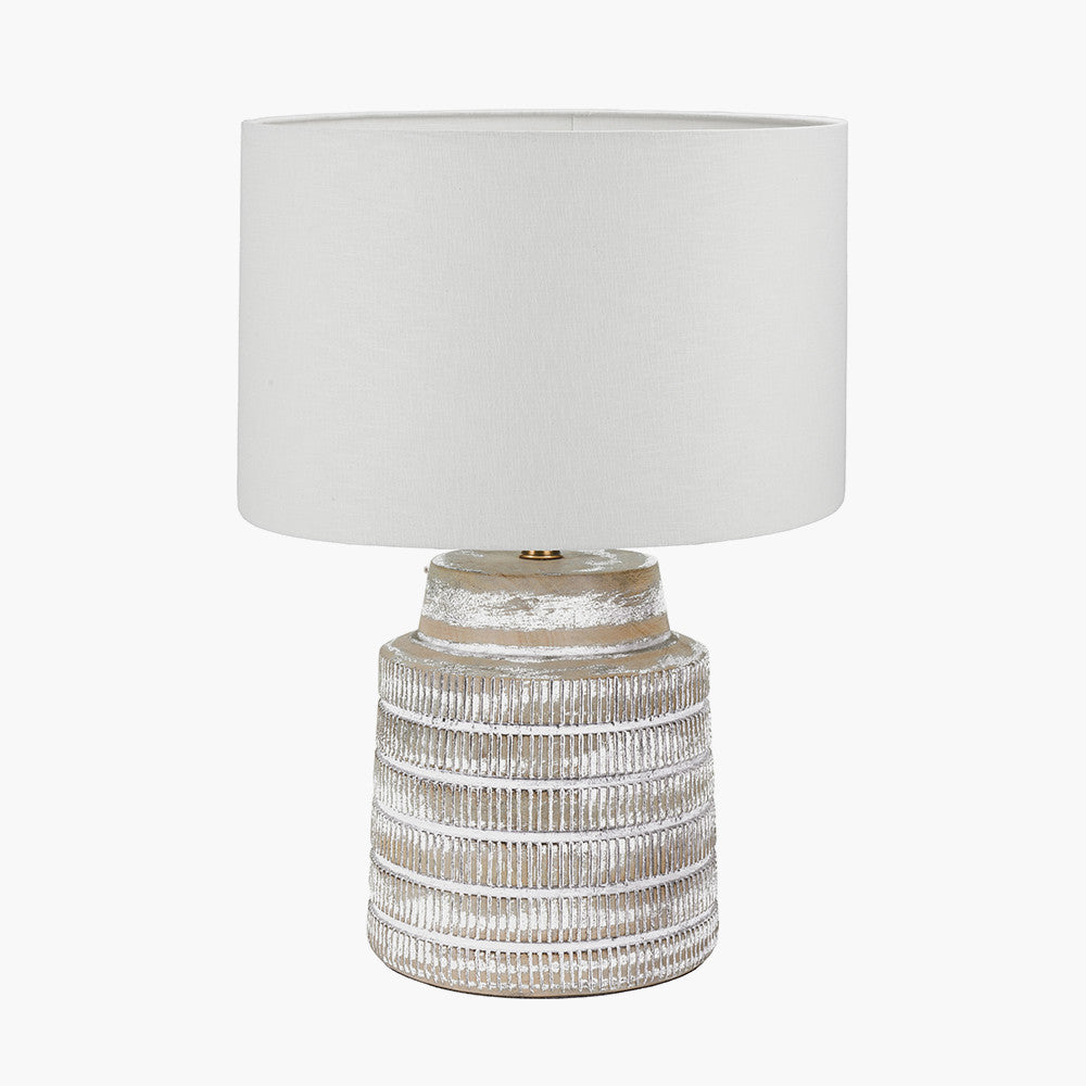 Paihia White Wash Wood Textured Short Table Lamp Base with Lino 30cm White Self Lined Linen Cylinder Lampshade
