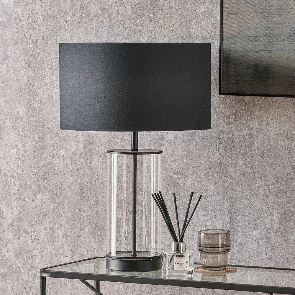 Westwood Clear Glass and Black Metal Table Lamp Base with Harry 35cm Black Cotton Mix Cylinder Lampshade