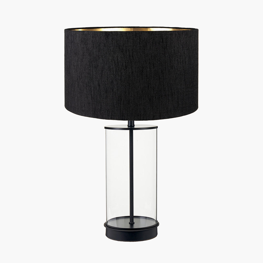 Westwood Clear Glass and Black Metal Table Lamp Base with Stellan 30cm Black Slubbed Silk Mix Gold Lined Cylinder Lampshade