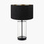 Westwood Clear Glass and Black Metal Table Lamp Base with Stellan 30cm Black Slubbed Silk Mix Gold Lined Cylinder Lampshade