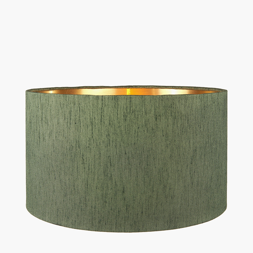 Westwood Clear Glass and Black Metal Table Lamp Base with Stellan 30cm Green Slubbed Silk Mix Gold Lined Cylinder Lampshade