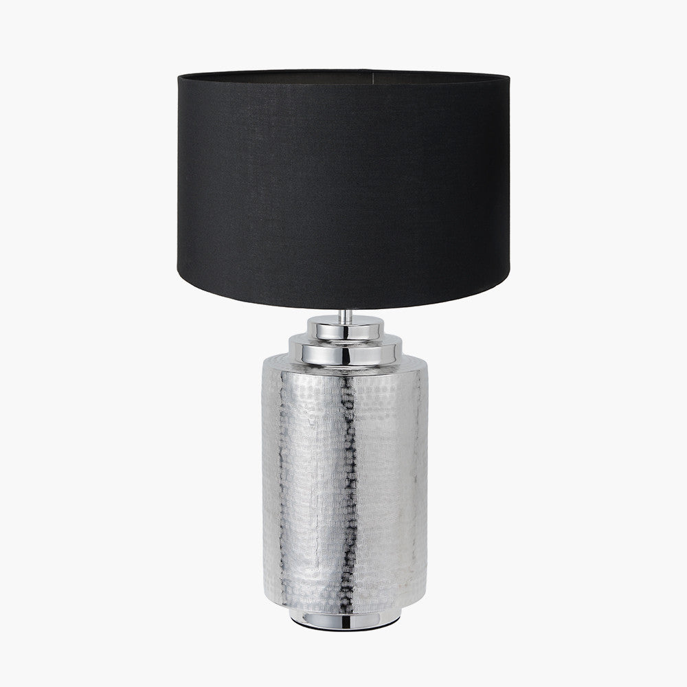 Zuri Large Shiny Silver Metal Pot Table Lamp Base with Harry 45cm Black Cotton Mix Cylinder Lampshade
