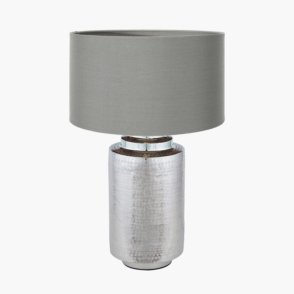 Zuri Large Shiny Silver Metal Pot Table Lamp Base with Harry 45cm Steel Grey Cotton Mix Cylinder Lampshade