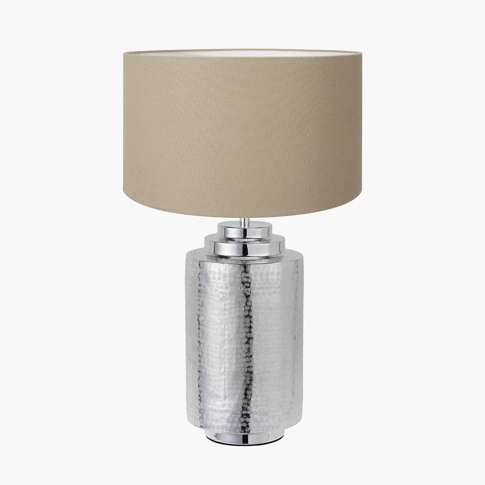 Zuri Large Shiny Silver Metal Pot Table Lamp Base with Henry 45cm Taupe Handloom Cylinder Lampshade