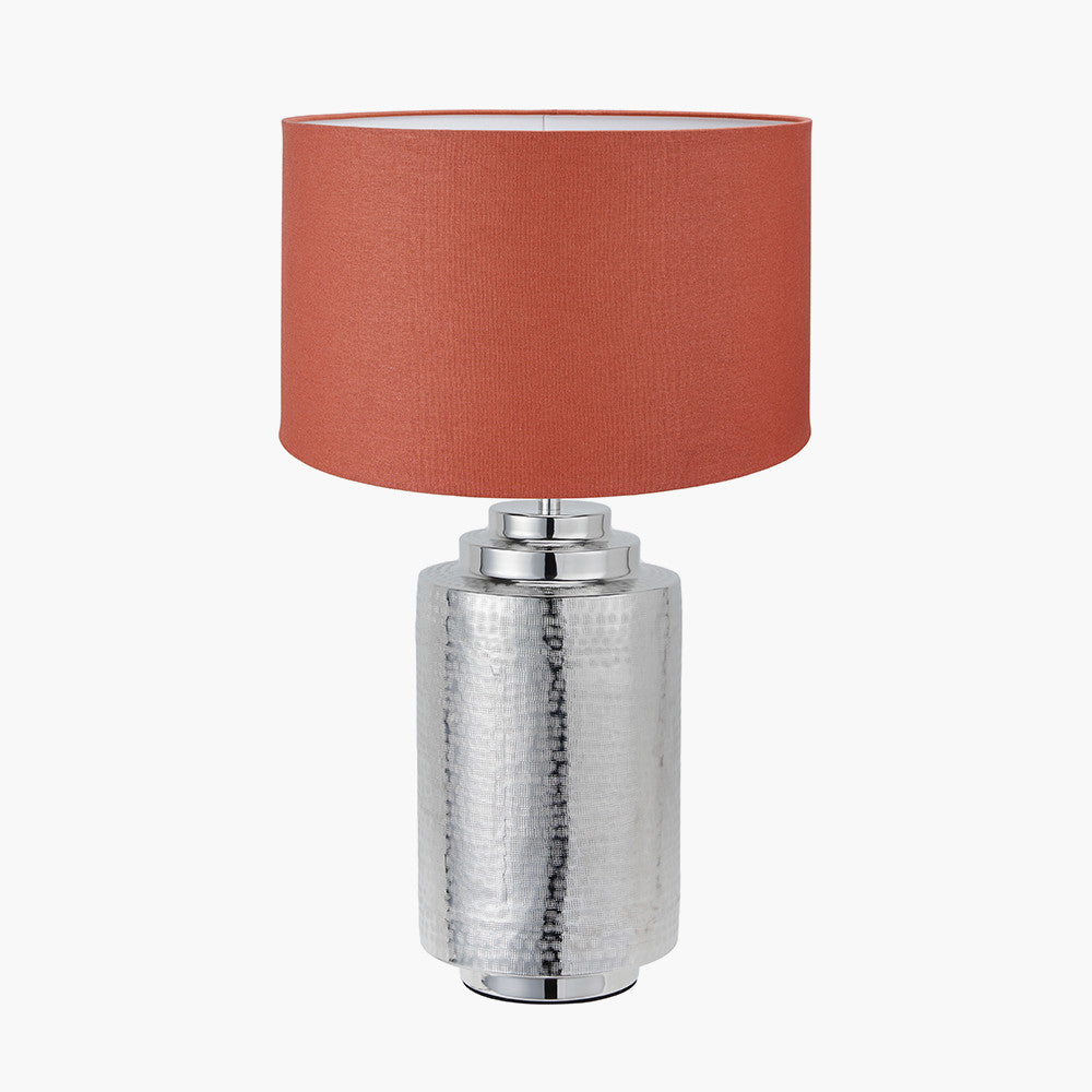 Zuri Large Shiny Silver Metal Pot Table Lamp Base with Henry 45cm Tobacco Handloom Cylinder Lampshade