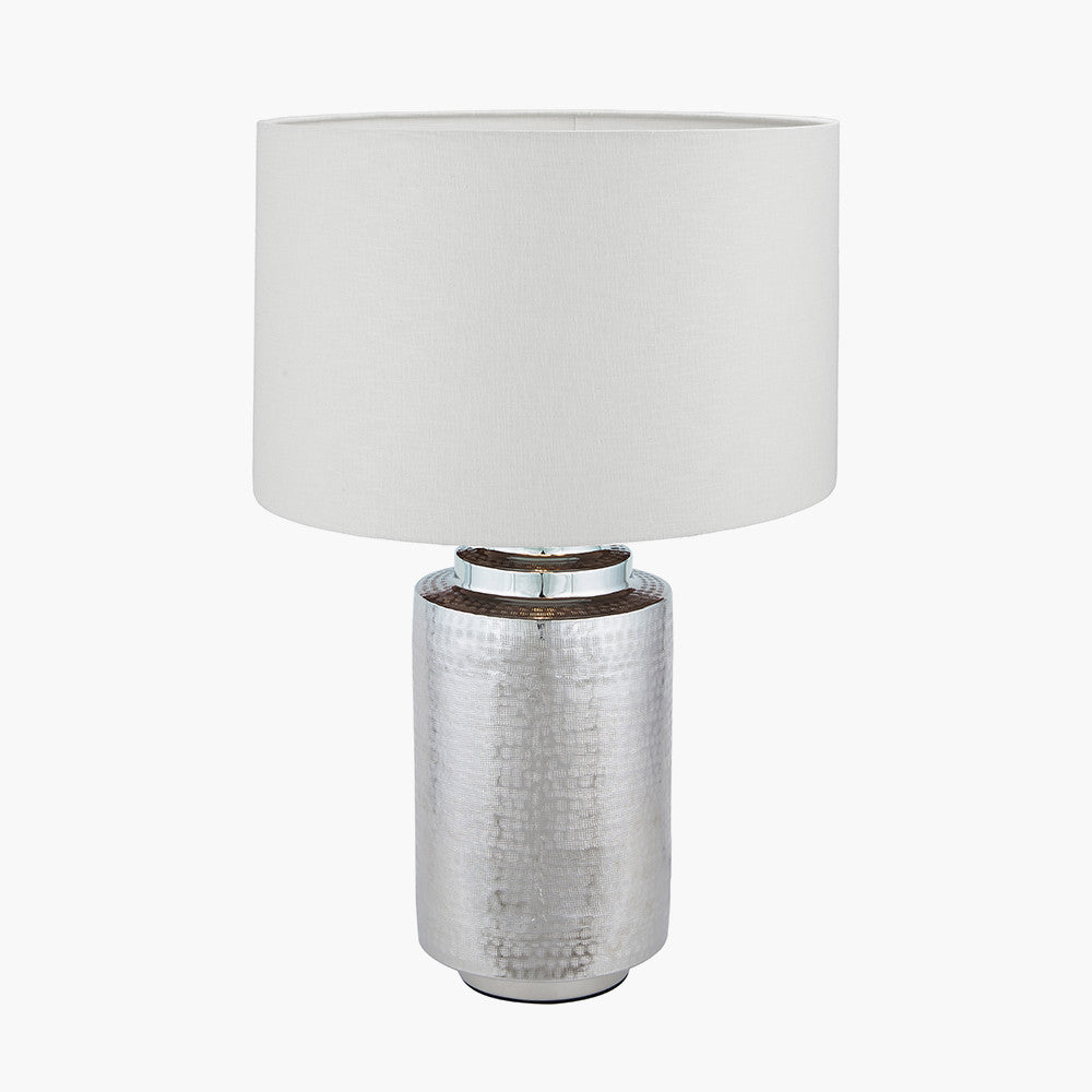Zuri Large Shiny Silver Metal Pot Table Lamp Base with Lino 50cm White Self Lined Linen Cylinder Lampshade