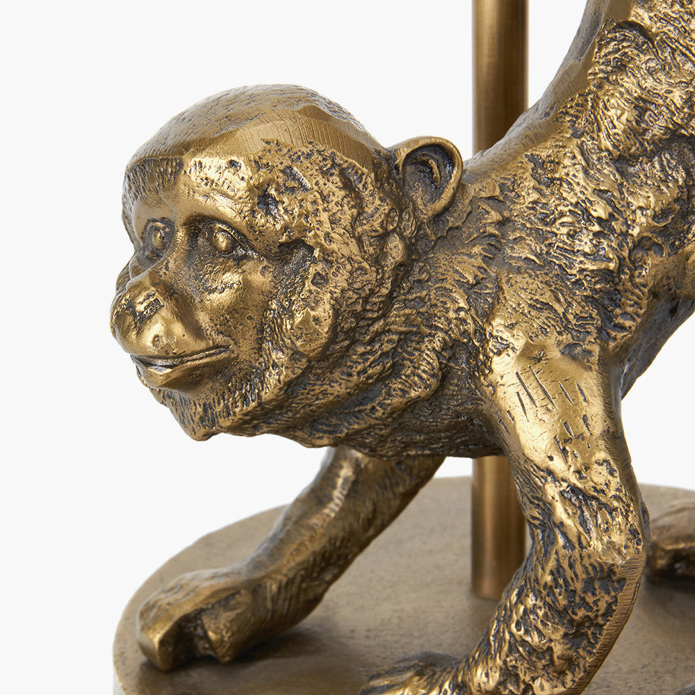 Vervet Antique Brass Metal Monkey Table Lamp Base with Lino 30cm Black Self Lined Linen Cylinder Lampshade