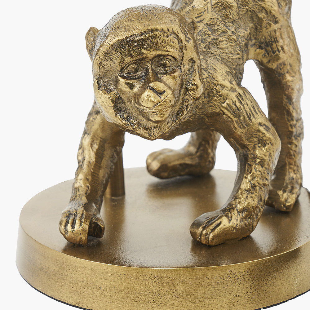 Vervet Antique Brass Metal Monkey Table Lamp Base with Lino 30cm Black Self Lined Linen Cylinder Lampshade