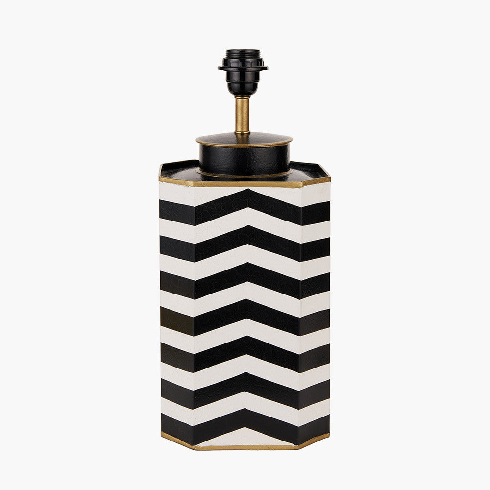 Oskar Black and White Chevron Hand Painted Metal Table Lamp Base with Stellan 40cm Black Slubbed Silk Mix Gold Lined Cylinder Lampshade