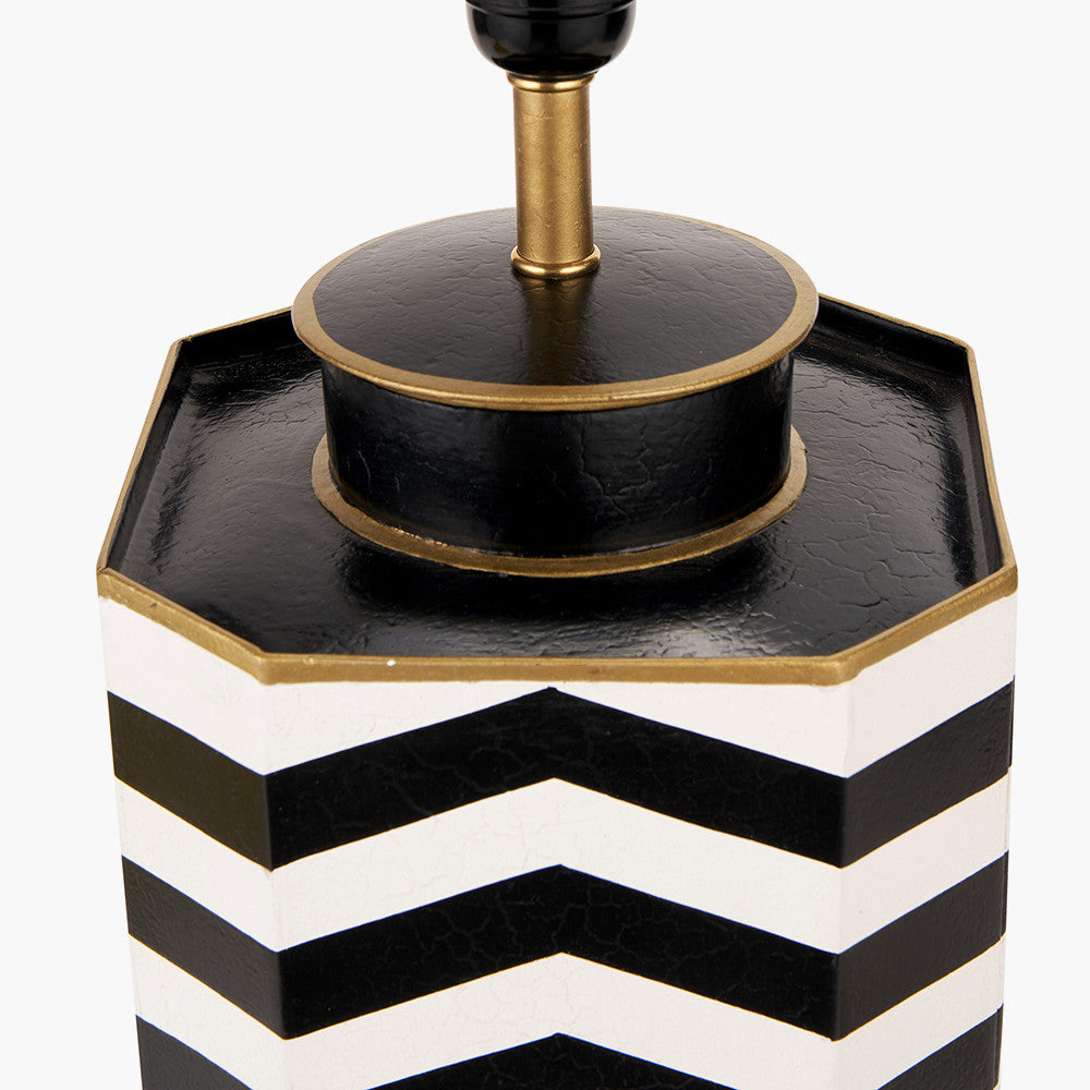 Oskar Black and White Chevron Hand Painted Metal Table Lamp Base with Stellan 40cm Black Slubbed Silk Mix Gold Lined Cylinder Lampshade