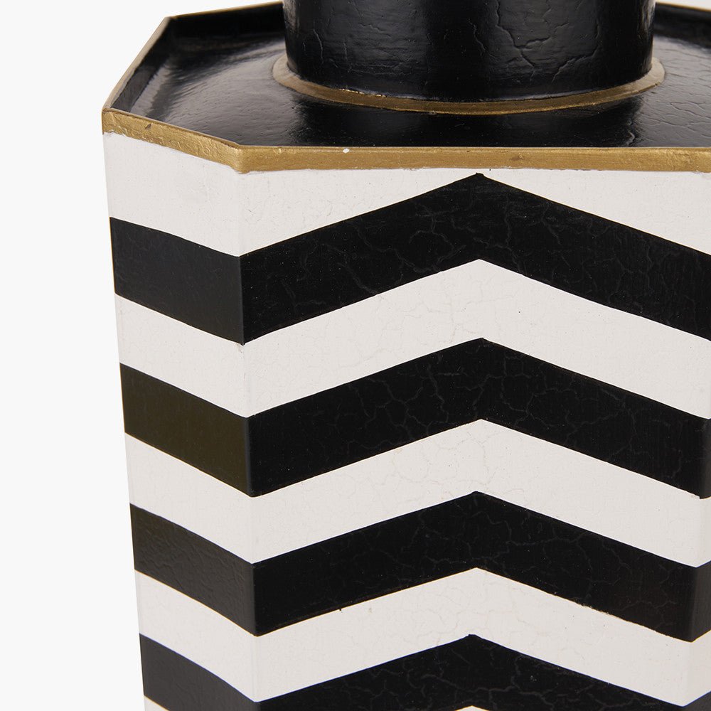 Oskar Black and White Chevron Hand Painted Metal Table Lamp Base with Stellan 40cm Black Slubbed Silk Mix Gold Lined Cylinder Lampshade