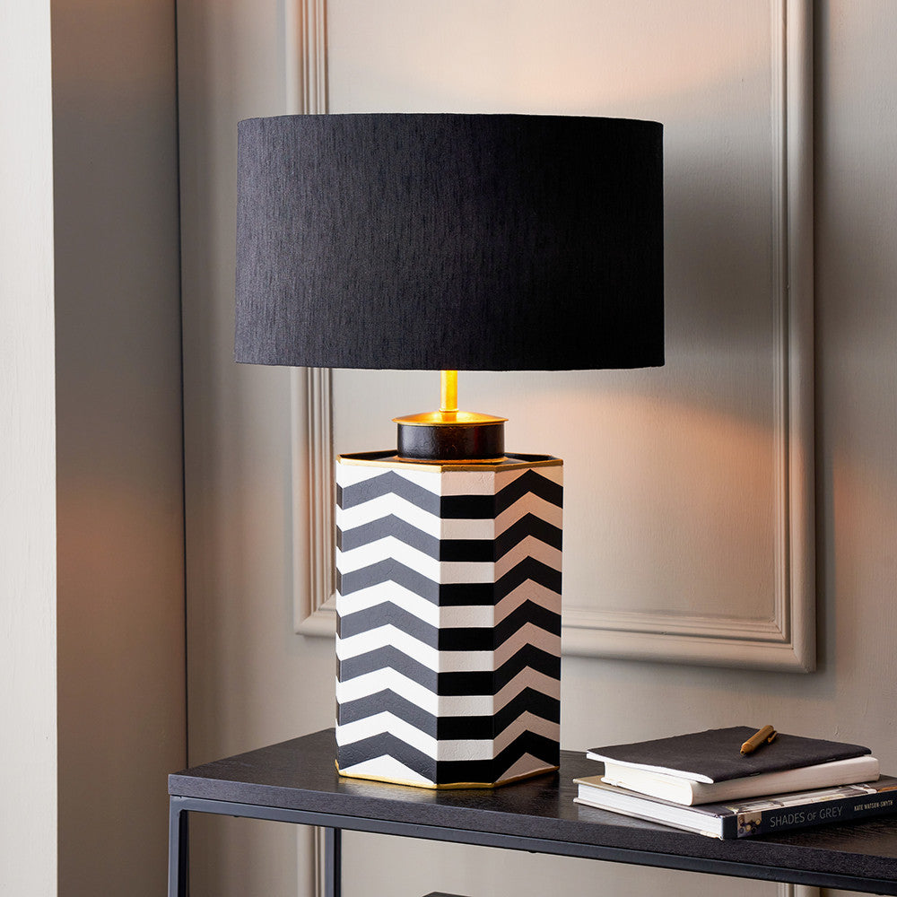 Oskar Black and White Chevron Hand Painted Metal Table Lamp Base with Stellan 40cm Black Slubbed Silk Mix Gold Lined Cylinder Lampshade