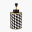 Victor Black and White Geometric Hand Painted Metal Table Lamp Base with Stellan 35cm Black Slubbed Silk Mix Gold Lined Cylinder Lampshade
