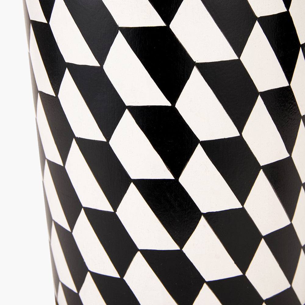 Victor Black and White Geometric Hand Painted Metal Table Lamp Base with Stellan 35cm Black Slubbed Silk Mix Gold Lined Cylinder Lampshade