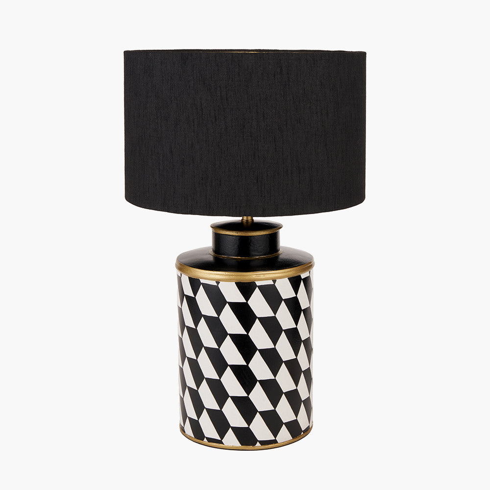 Victor Black and White Geometric Hand Painted Metal Table Lamp Base with Stellan 35cm Black Slubbed Silk Mix Gold Lined Cylinder Lampshade