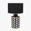 Victor Black and White Geometric Hand Painted Metal Table Lamp Base with Stellan 35cm Black Slubbed Silk Mix Gold Lined Cylinder Lampshade