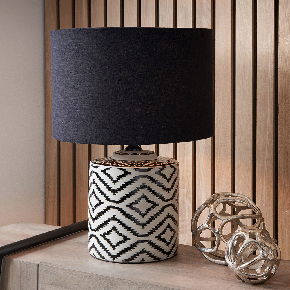 Chirala Black and White Ikat Ceramic Table Lamp Base with Lino 35cm Black Self Lined Linen Cylinder Lampshade