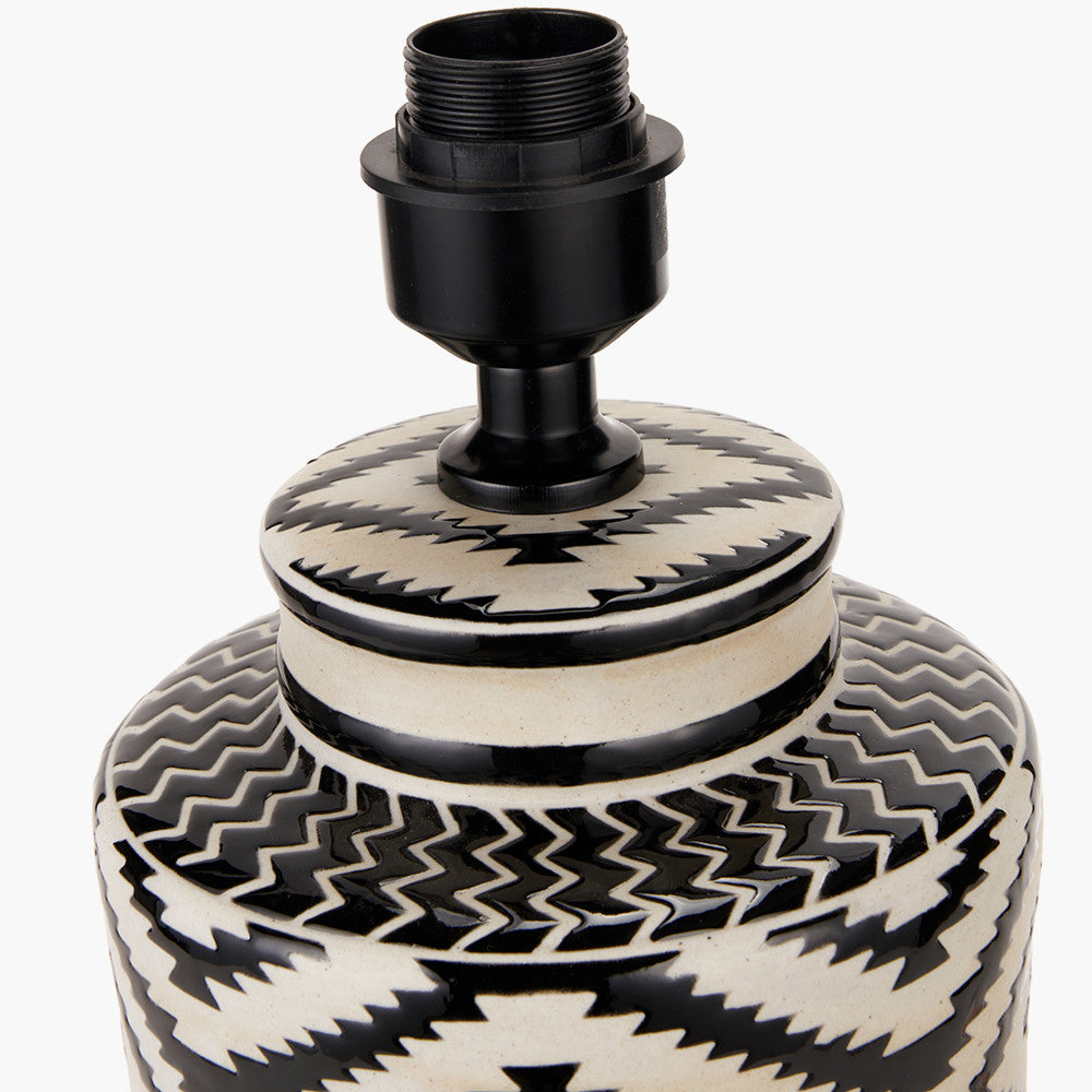 Chirala Black and White Tall Ikat Ceramic Table Lamp Base with Rouen 35cm White Boucle Cylinder Lampshade