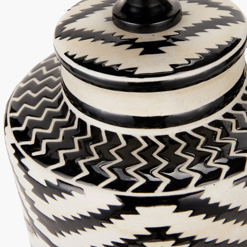 Chirala Black and White Tall Ikat Ceramic Table Lamp Base with Rouen 35cm White Boucle Cylinder Lampshade