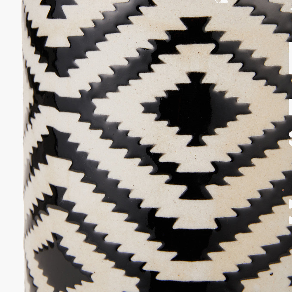 Chirala Black and White Tall Ikat Ceramic Table Lamp Base with Rouen 35cm White Boucle Cylinder Lampshade