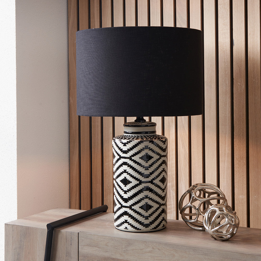Chirala Black and White Tall Ikat Ceramic Table Lamp Base with Lino 40cm Black Self Lined Linen Cylinder Lampshade