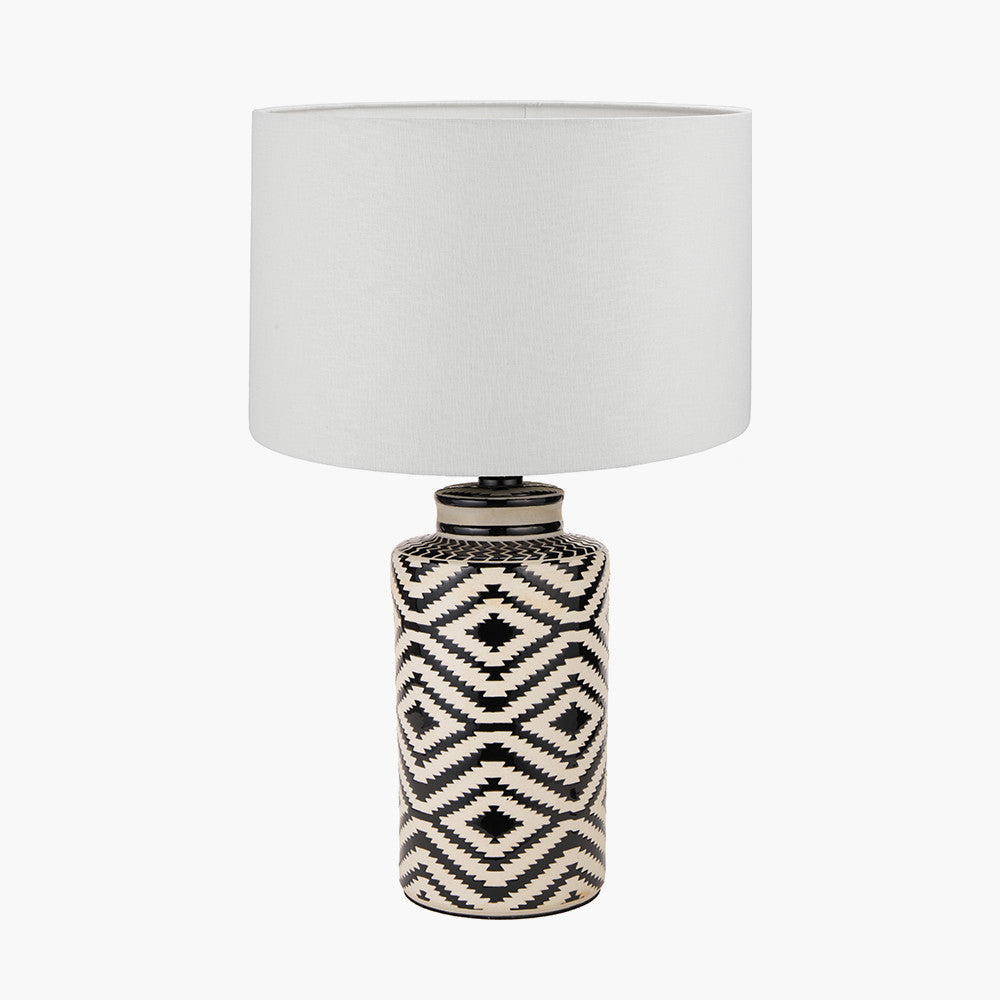 Chirala Black and White Tall Ikat Ceramic Table Lamp Base with Lino 40cm White Self Lined Linen Cylinder Lampshade