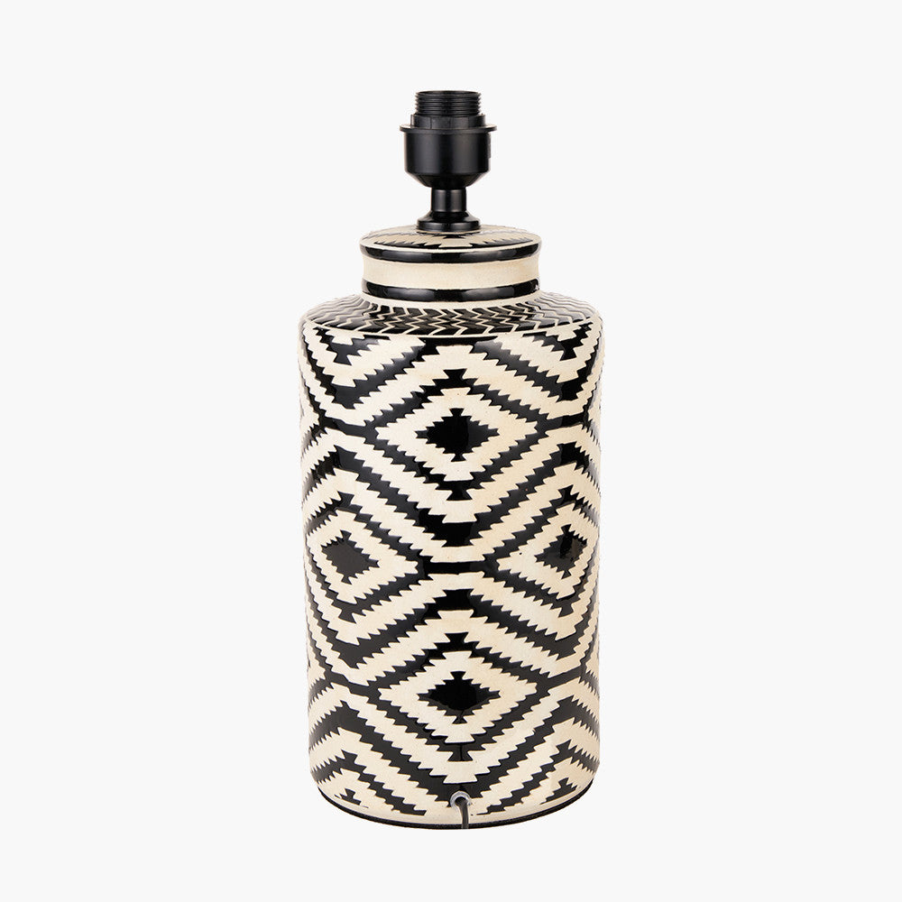 Chirala Black and White Tall Ikat Ceramic Table Lamp Base with Lino 40cm White Self Lined Linen Cylinder Lampshade
