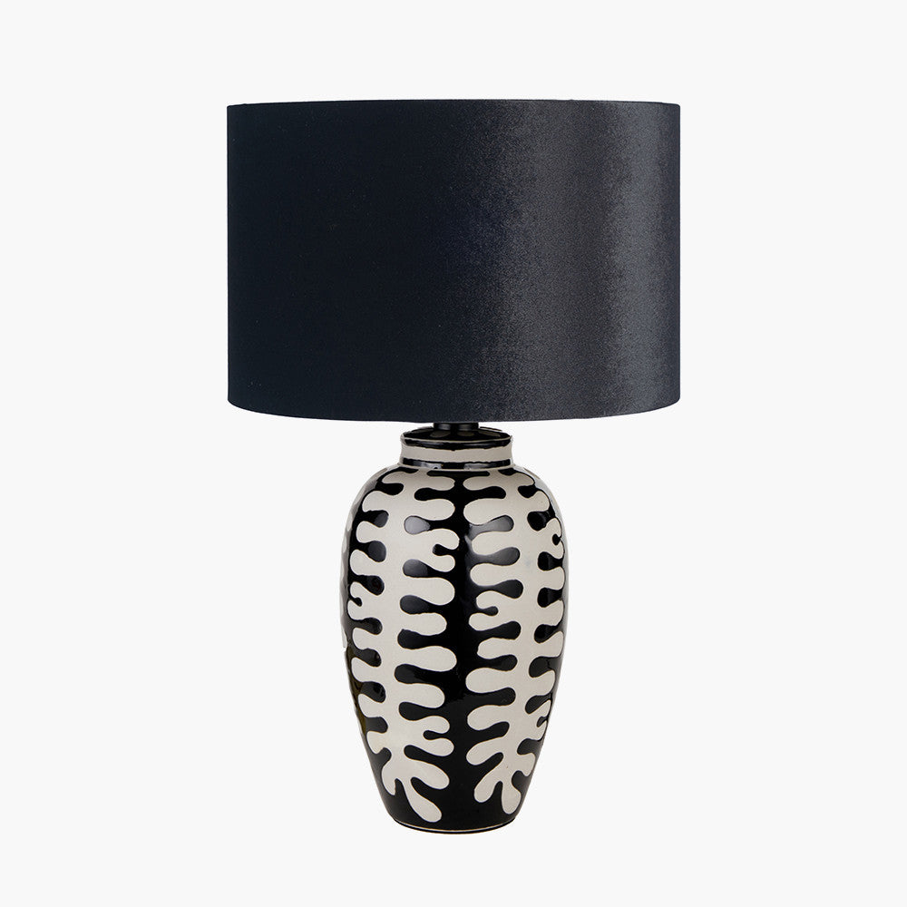 Elkorn Black and White Tall Coral Ceramic Table Lamp Base with Bow 35cm Black Velvet Cylinder Lampshade