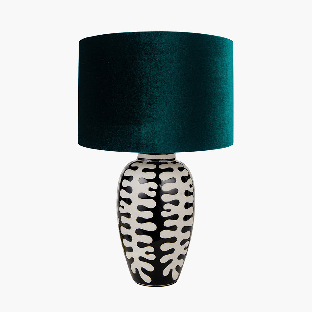 Elkorn Black and White Tall Coral Ceramic Table Lamp Base with Bow 35cm Forest Green Velvet Cylinder Lampshade