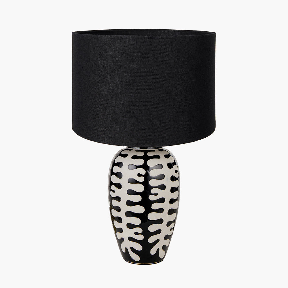 Elkorn Black and White Tall Coral Ceramic Table Lamp Base with Lino 35cm Black Self Lined Linen Cylinder Lampshade
