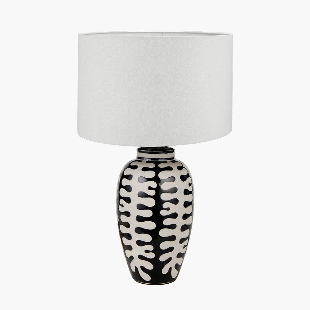 Elkorn Black and White Tall Coral Ceramic Table Lamp Base with Lino 35cm White Self Lined Linen Cylinder Lampshade