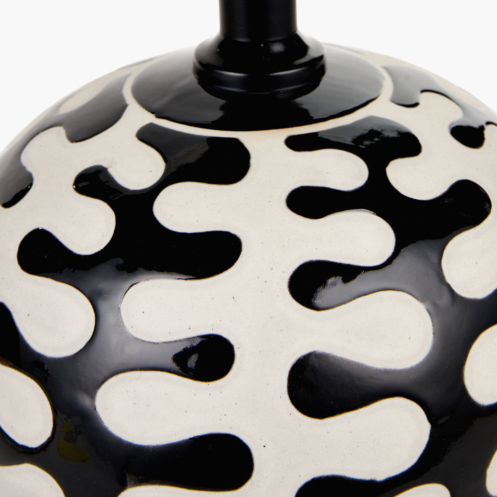 Elkorn Black and White Coral Ceramic Table Lamp Base with Bow 30cm Black Velvet Cylinder Lampshade