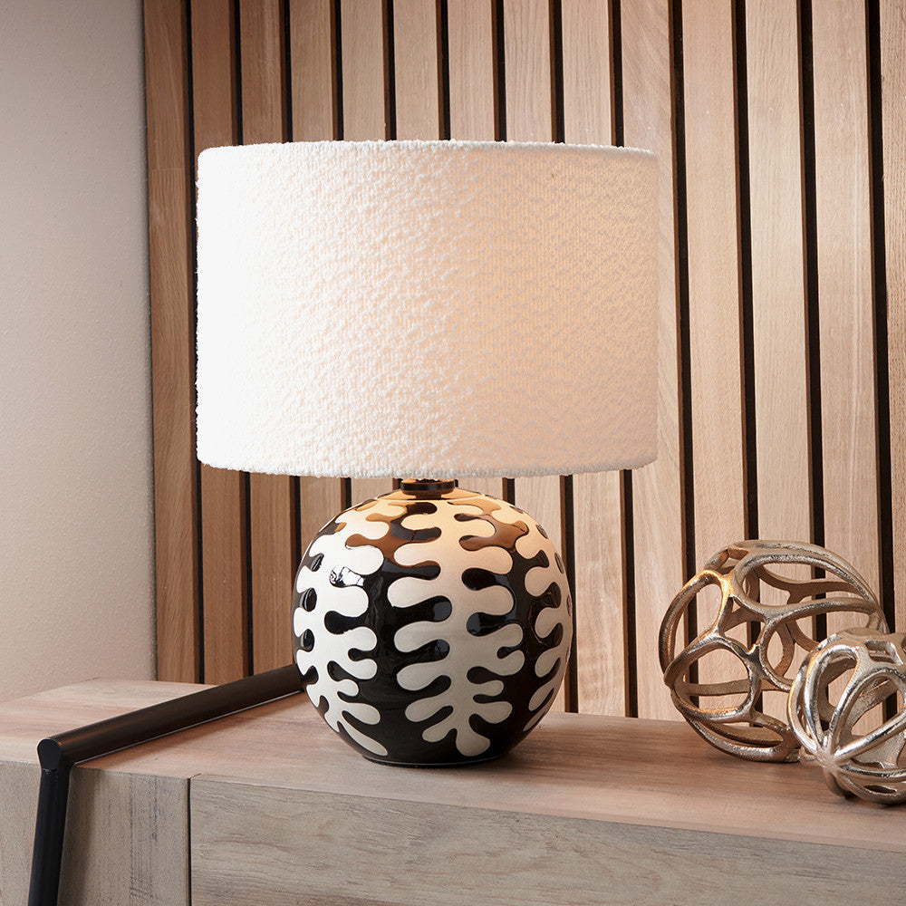 Elkorn Black and White Coral Ceramic Table Lamp Base with Rouen 30cm White Boucle Cylinder Lampshade