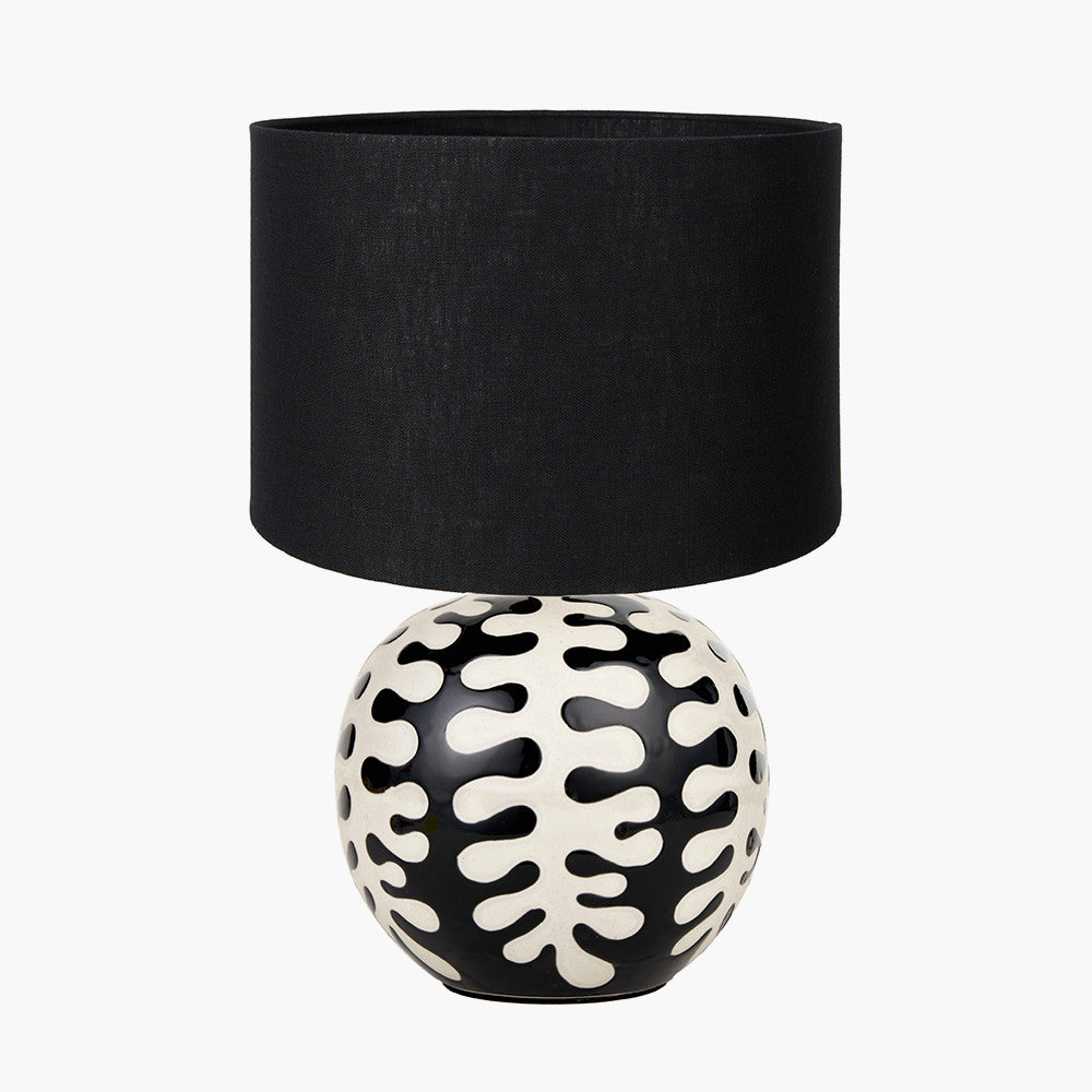 Elkorn Black and White Coral Ceramic Table Lamp Base with Lino 30cm Black Self Lined Linen Cylinder Lampshade