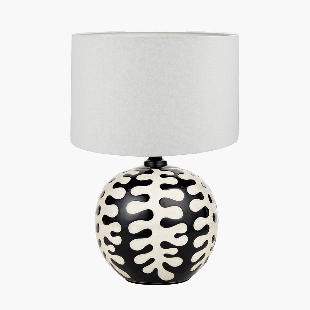 Elkorn Black and White Coral Ceramic Table Lamp Base with Lino 30cm White Self Lined Linen Cylinder Lampshade