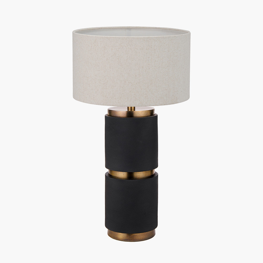 Alnico Black and Brass Metal Textured Table Lamp Base with Quinn 35cm Slubby Hopsack Cylinder Shade