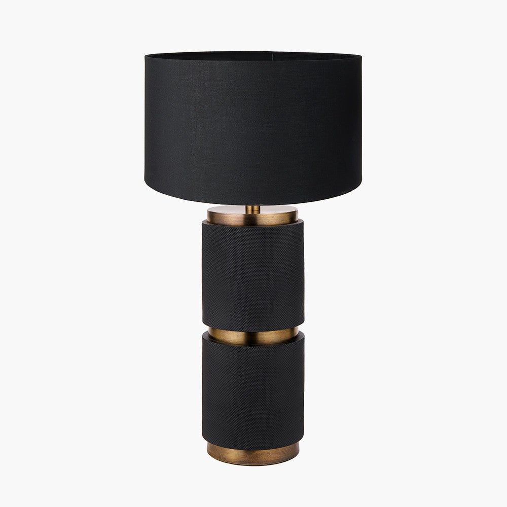 Alnico Black and Brass Metal Textured Table Lamp Base with Harry 35cm Black Cotton Mix Cylinder Lampshade