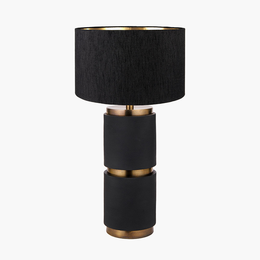 Alnico Black and Brass Metal Textured Table Lamp Base with Stellan 35cm Black Slubbed Silk Mix Gold Lined Cylinder Lampshade