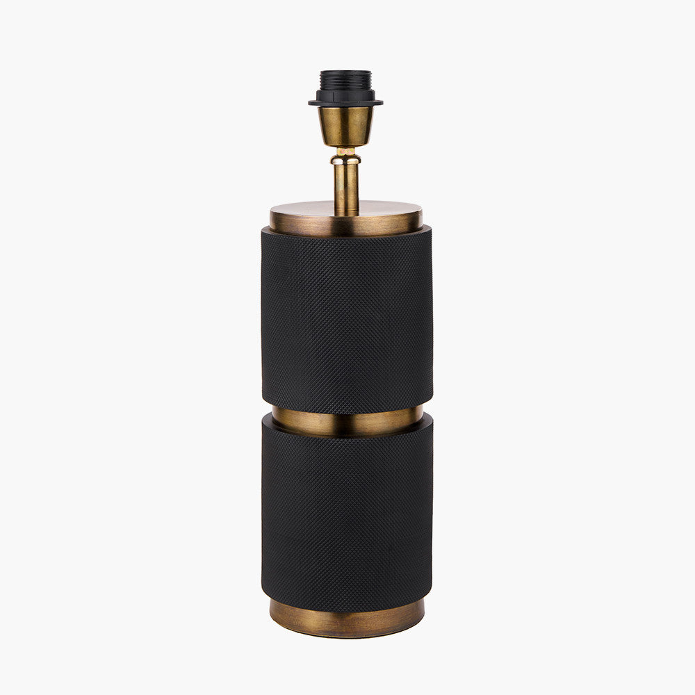 Alnico Black and Brass Metal Textured Table Lamp Base with Stellan 35cm Black Slubbed Silk Mix Gold Lined Cylinder Lampshade