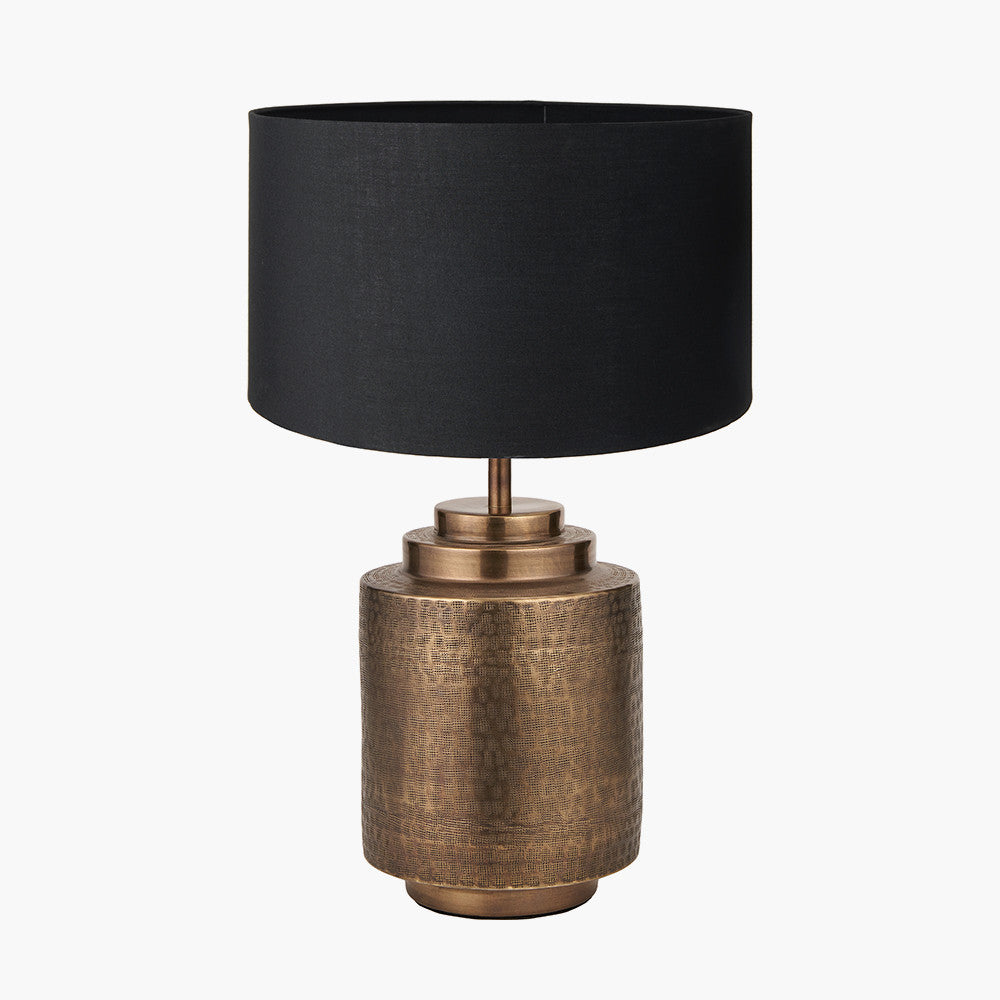 Zuri Antique Brass Metal Pot Table Lamp Base with Harry 40cm Black Cotton Mix Cylinder Lampshade