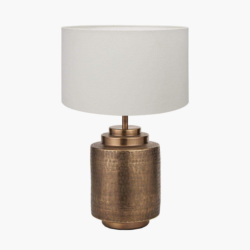 Zuri Antique Brass Metal Pot Table Lamp Base with Henry 40cm White Handloom Cylinder Lampshade