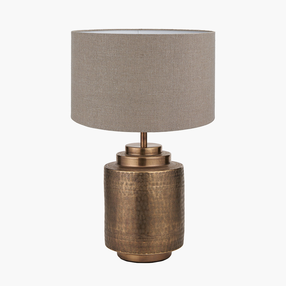 Zuri Antique Brass Metal Pot Table Lamp Base with Edward 40cm Natural Linen Cylinder Lampshade