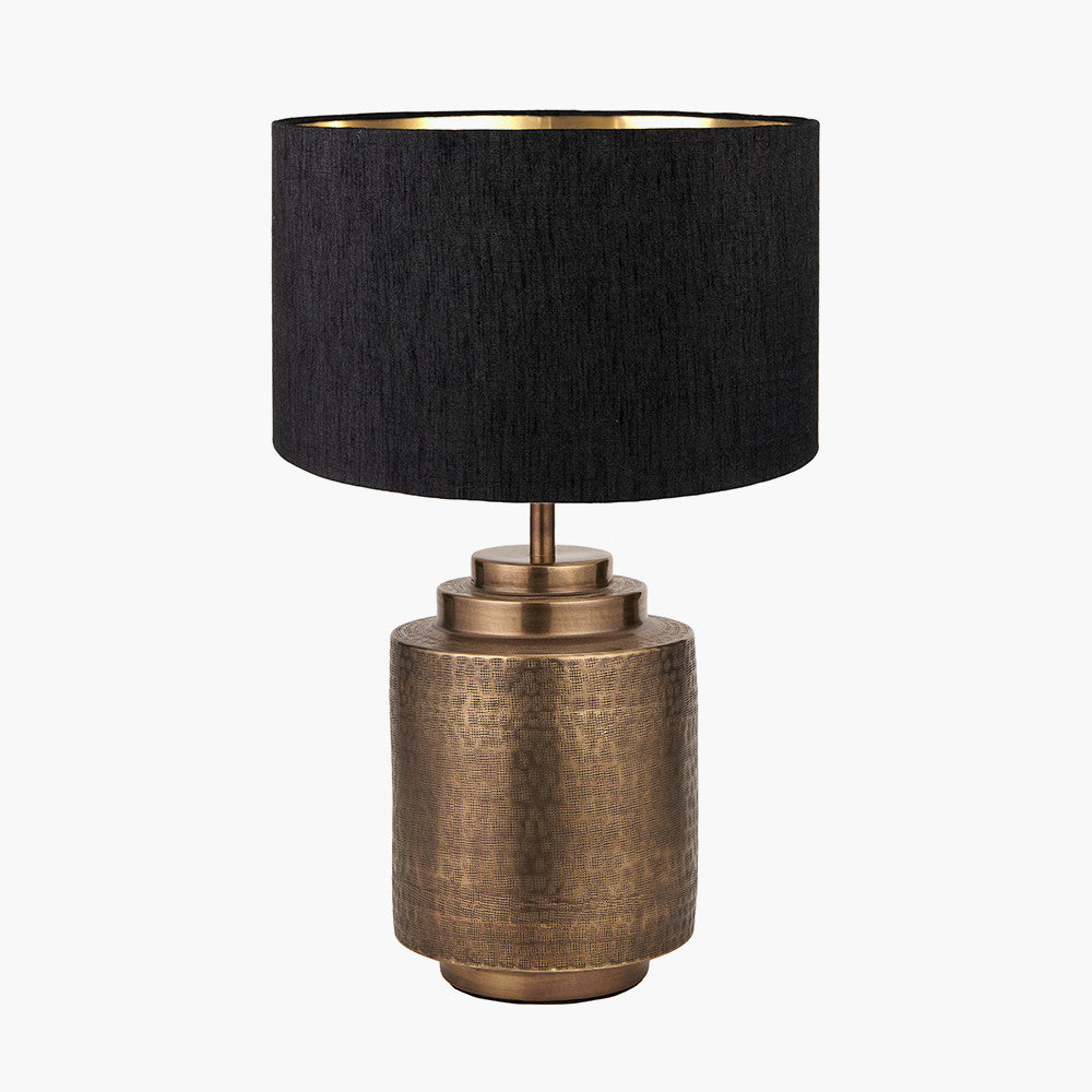 Zuri Antique Brass Metal Pot Table Lamp Base with Stellan 40cm Black Slubbed Silk Mix Gold Lined Cylinder Lampshade