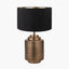 Zuri Antique Brass Metal Pot Table Lamp Base with Stellan 40cm Black Slubbed Silk Mix Gold Lined Cylinder Lampshade