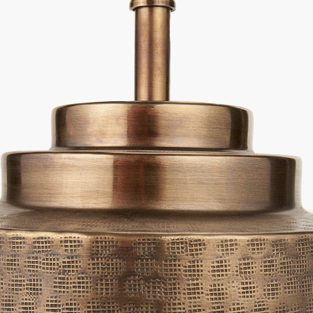 Zuri Antique Brass Metal Pot Table Lamp Base with Stellan 40cm Black Slubbed Silk Mix Gold Lined Cylinder Lampshade