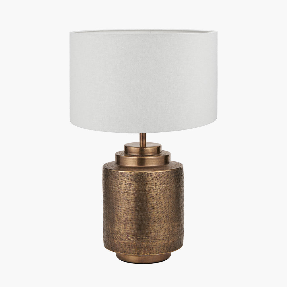 Zuri Antique Brass Metal Pot Table Lamp Base with Lino 40cm White Self Lined Linen Cylinder Lampshade