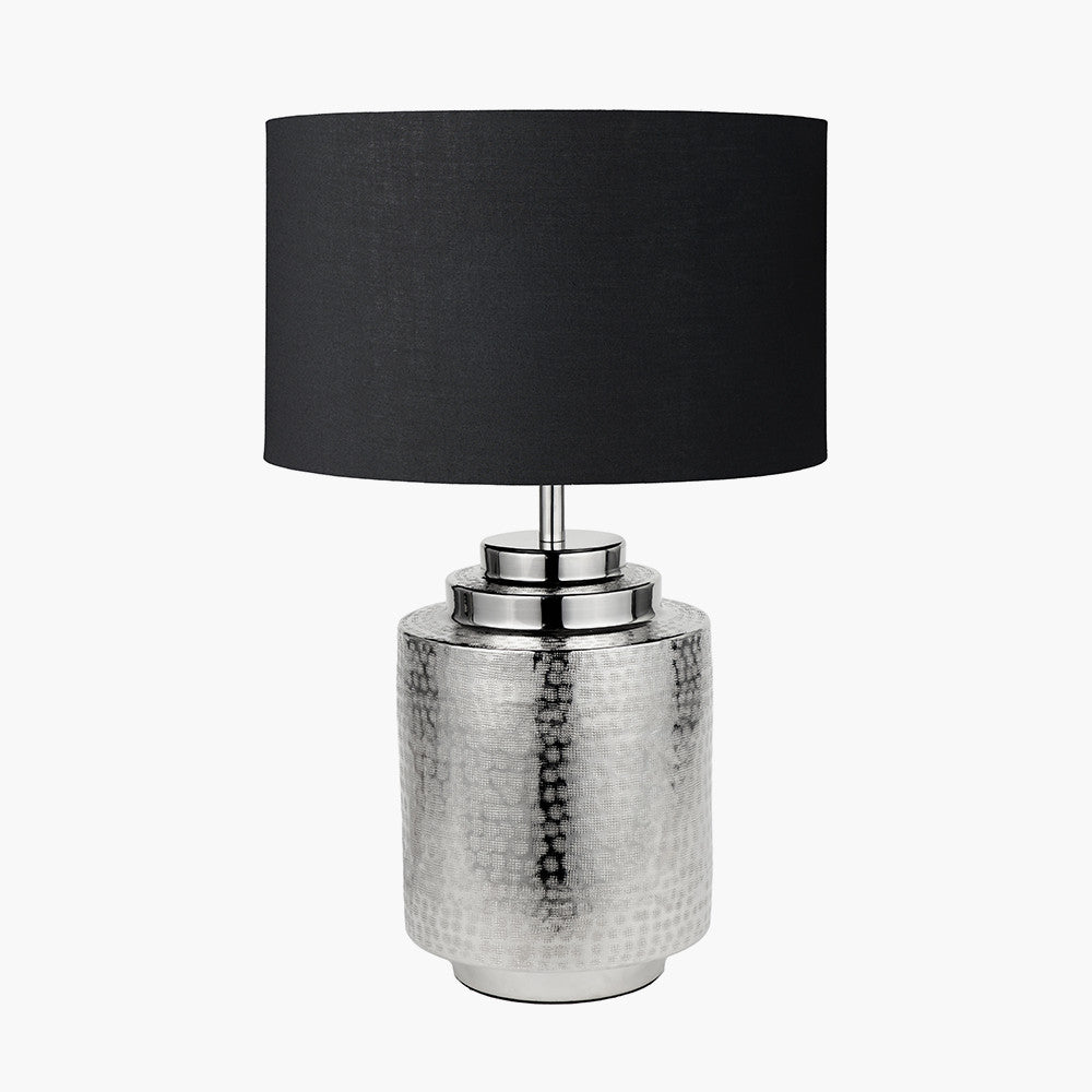 Zuri Shiny Silver Metal Pot Table Lamp Base with Harry 35cm Black Cotton Mix Cylinder Lampshade